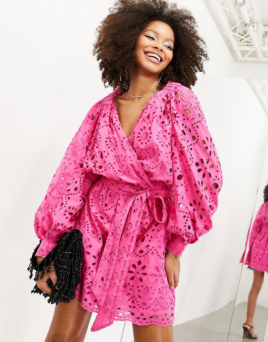 ASOS EDITION broderie wrap belted mini dress in bright pink