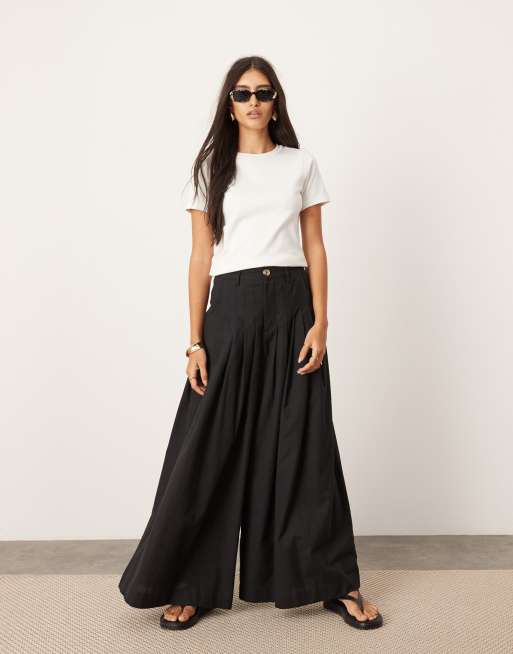 ASOS EDITION - Broek met linnenlook, ultrawijde pijpen, halfhoge taille en geplooide voorkant in zwart
