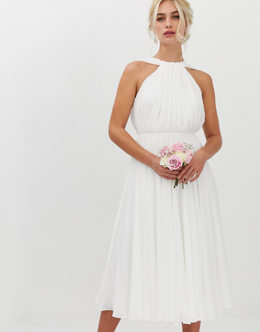 ASOS EDITION – Bröllopsklänning i midilängd med halterneck och v-ringning bak-Vit