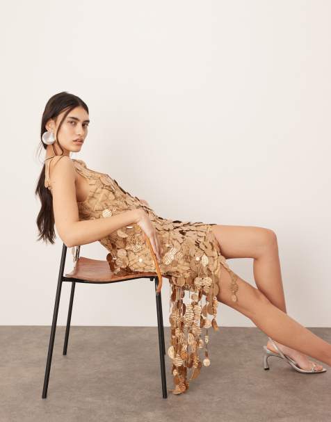 ASOS EDITION – Bronsfärgad, skir, asymmetrisk miniklänning med paljetter och fransfåll - view 1