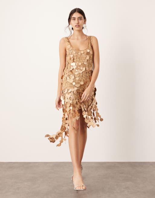 ASOS EDITION – Bronsfärgad, skir, asymmetrisk miniklänning med paljetter och fransfåll, 2 av 4