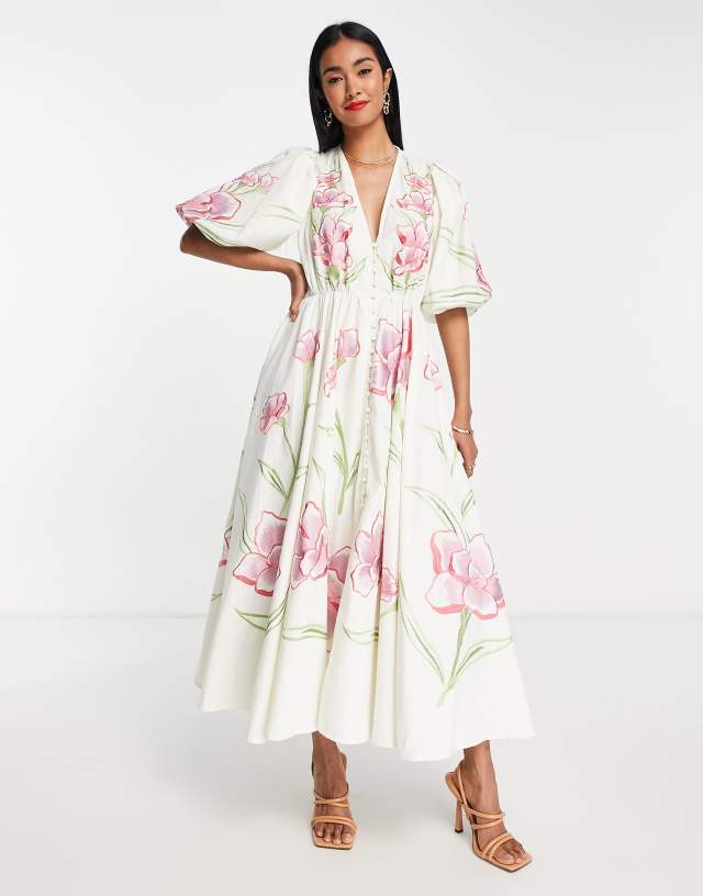 ASOS EDITION button front bright floral embroidered midi dress