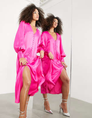 Asos Design Button Front Midi Dress In Hot Pink