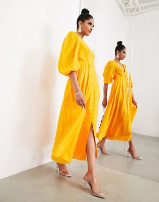 ASOS EDITION button front midi dress with puff sleeve in marigold