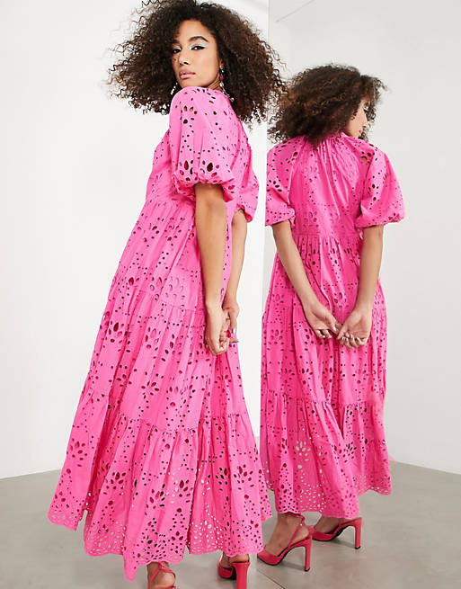 ASOS EDITION button front tiered eyelet maxi dress in bright pink | ASOS