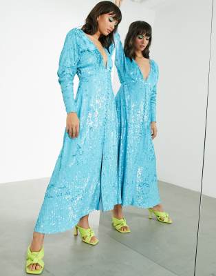 ASOS EDITION button through midi tea dress in sequin-Blue