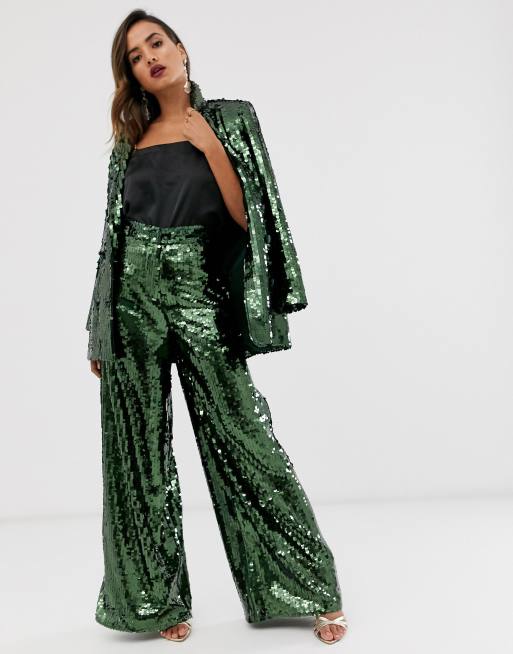 ASOS EDITION – Grön, dubbelknäppt kavaj och vida byxor med paljetter, 3 av 3