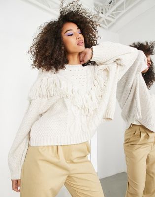 ASOS EDITION cable jumper with tassels in cream