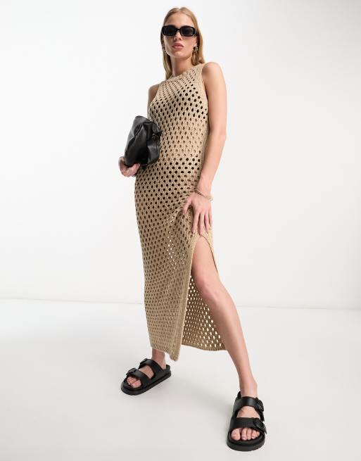 ASOS EDITION – Camelowa dzianinowa sukienka midi bez rękawów o fasonie bokserki