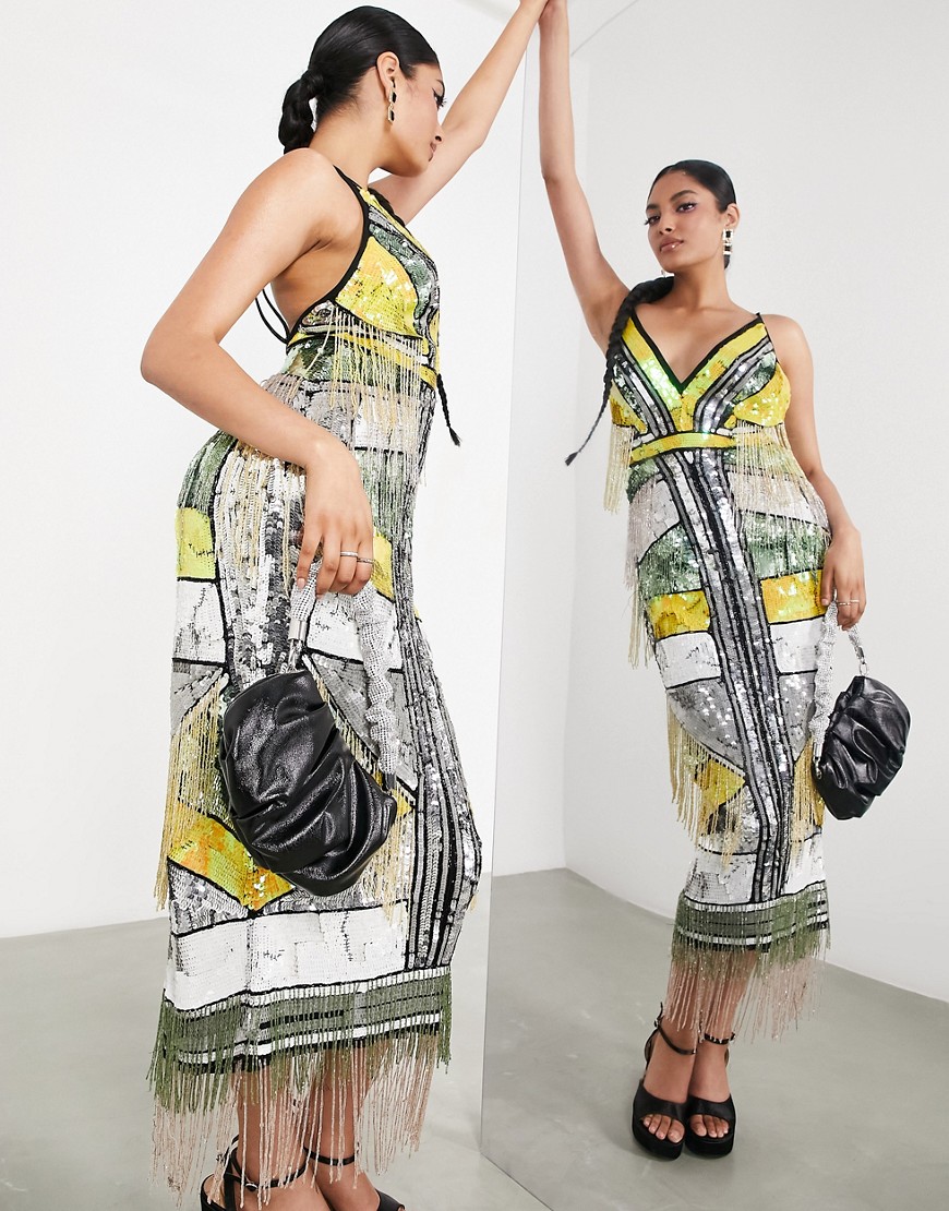 Asos Design Embellished Cami Midi Dress With Diamond Fringe-multi