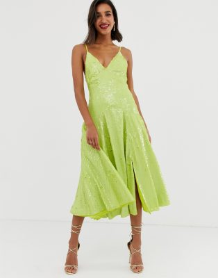 ASOS EDITION cami split front sequin midi dress-Green