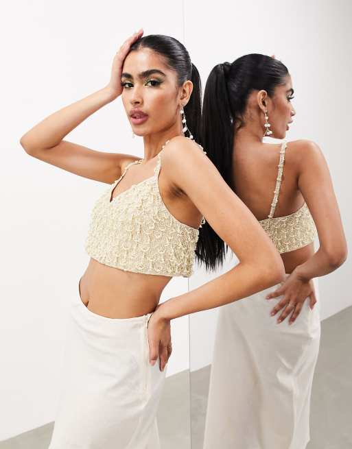 ASOS EDITION pearl embellished crop cami top in silver