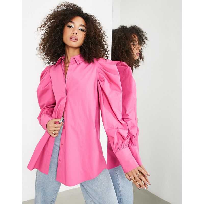 Donna Top EDITION - Camicia in cotone rosa vivace con maniche a sbuffo oversize