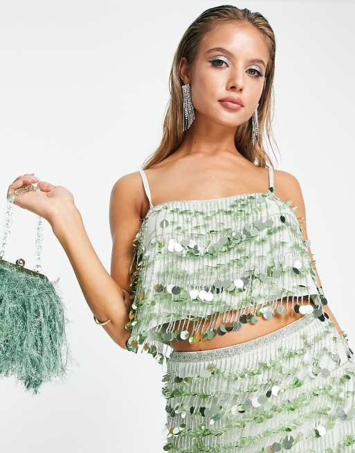 ASOS EDITION – Camisole-Oberteil in Salbeigrün mit paillettenbesetzten Fransen