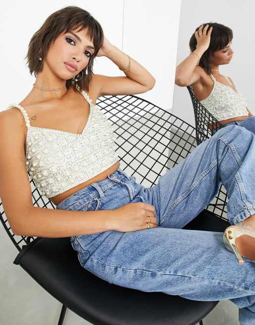 ASOS EDITION – Camisole-Oberteil in Silber mit Perlenverzierung