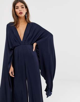 asos edition cape sleeve wedding jumpsuit in satin