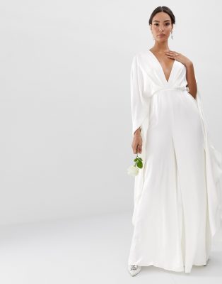 asos edition cape sleeve wedding jumpsuit in satin