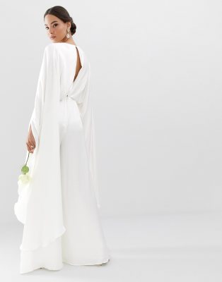 cape sleeve wedding jumpsuit in satin