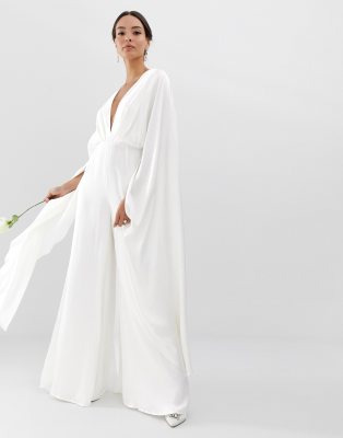 cape sleeve wedding jumpsuit in satin