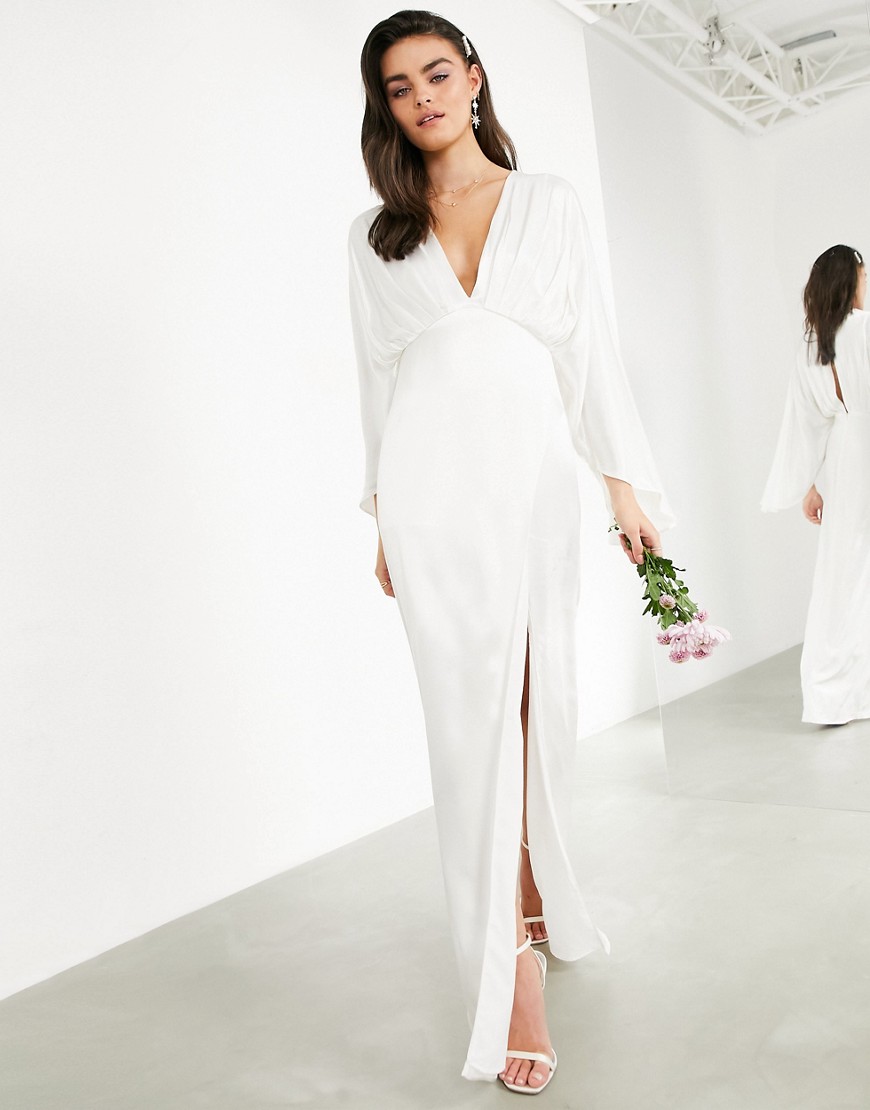 Asos Design Cari Satin Wrap Wedding Dress With Kimono Sleeve-white
