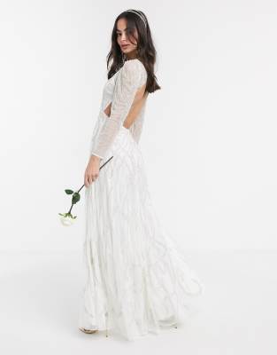 asos edition long sleeve lace bodice maxi wedding dress with pleated skirt