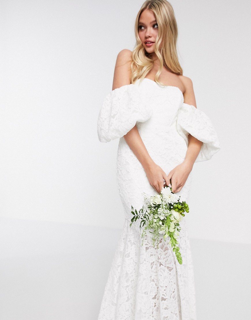 Asos Design Chelsea Off Shoulder Lace Wedding Dress-white