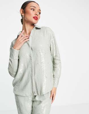 ASOS EDITION sequin shirt in sage green - ASOS Price Checker