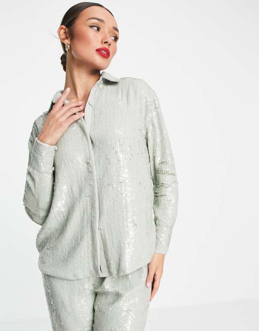 ASOS EDITION - Chemise à sequins - Vert sauge