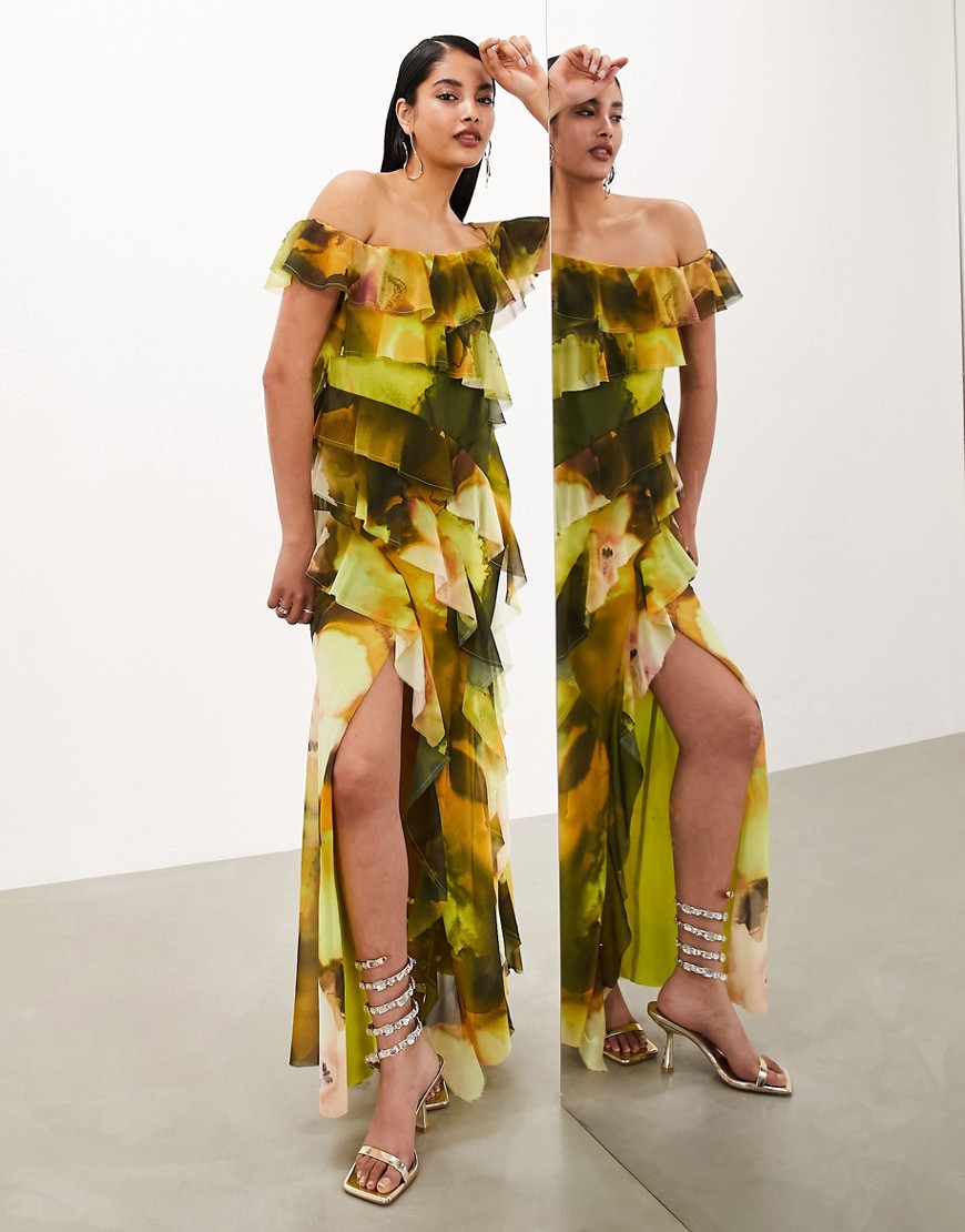 ASOS EDITION chiffon bardot ultimate ruffle maxi dress in smudge green floral-Multi