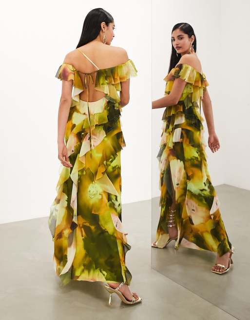 ASOS EDITION chiffon bardot ultimate ruffle maxi dress in smudge green floral ASOS