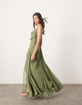Asos Design Chiffon Cami Asymmetric Drape Maxi Dress In Green-multi