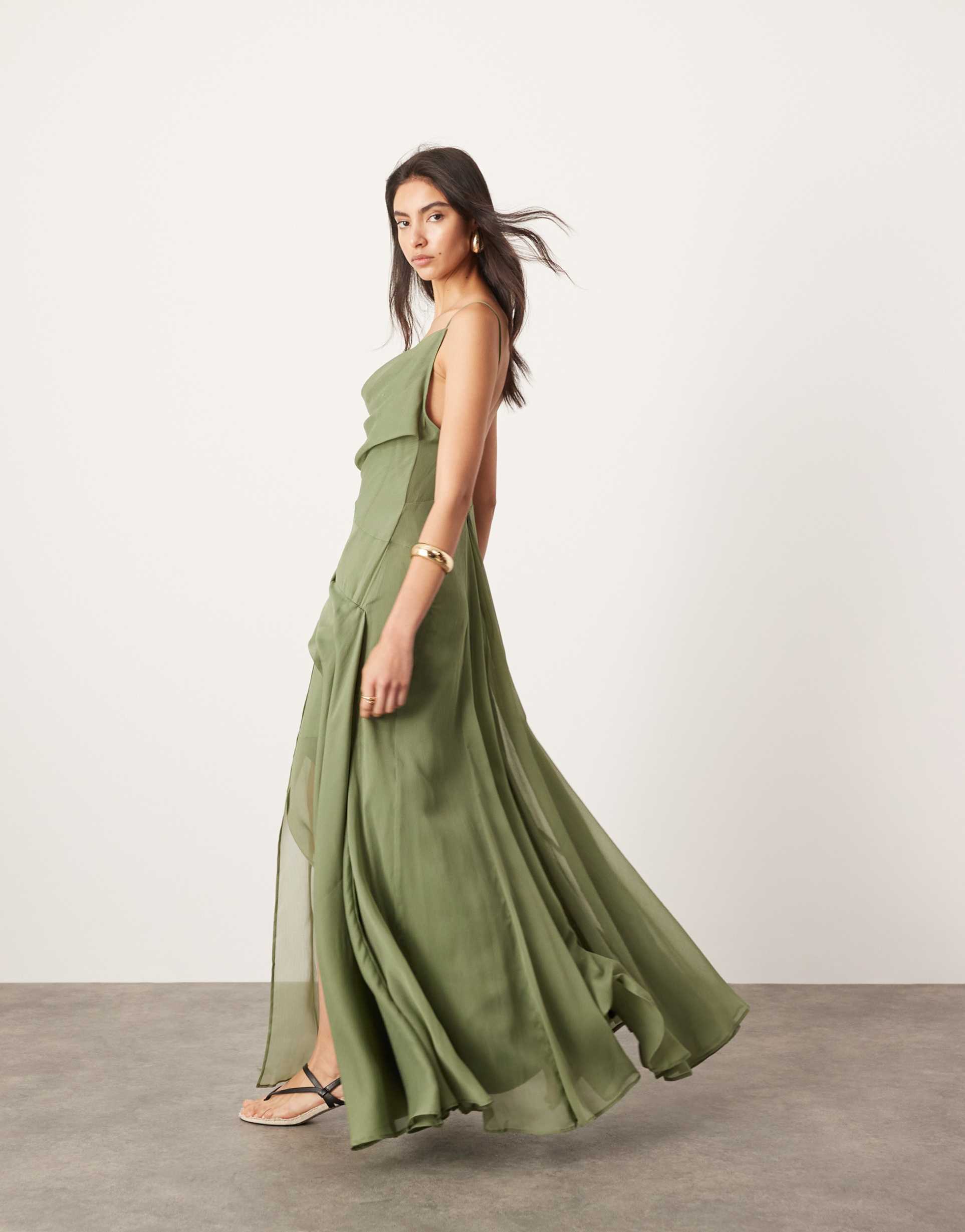 asos edition chiffon cami asymmetric drape maxi dress in green