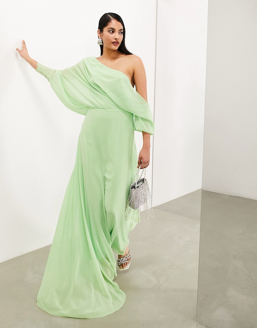 ASOS EDITION chiffon draped off shoulder maxi dress with full skirt in mint green