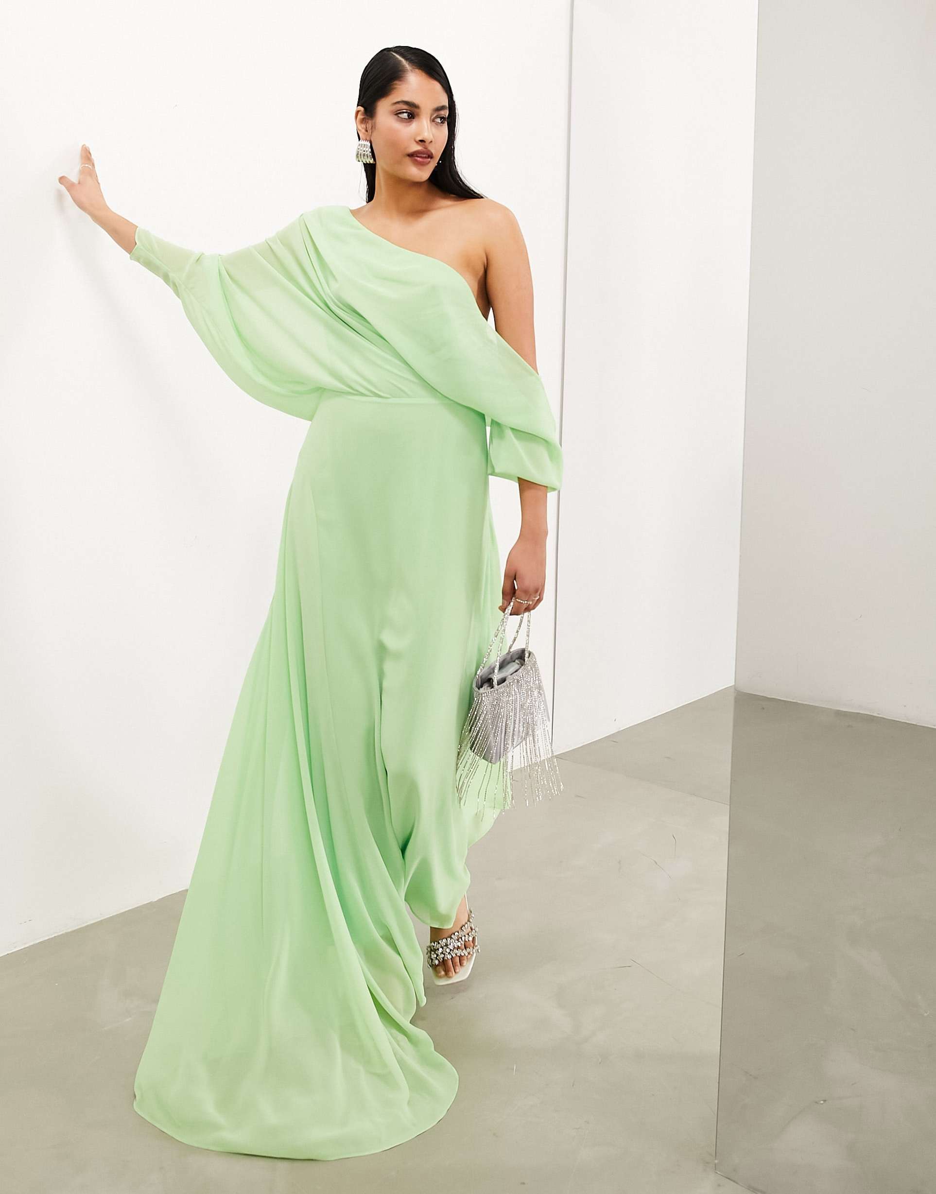 asos edition chiffon draped off shoulder maxi dress with full skirt in mint green