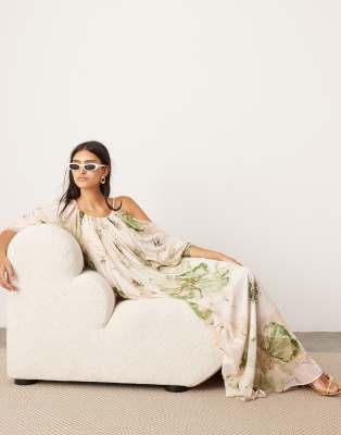 ASOS EDITION ASOS EDITION chiffon draped shoulder backless maxi dress in large floral print-Multi