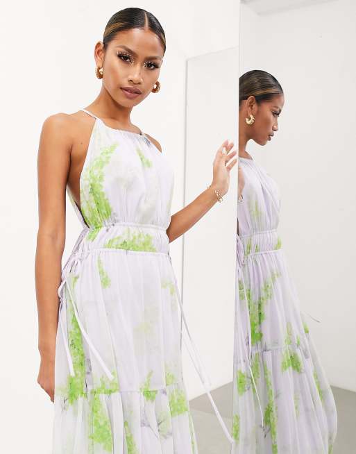 ASOS EDITION chiffon dropped shoulder backless maxi dress in apple green