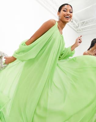 ASOS EDITION chiffon dropped shoulder backless maxi dress in apple green