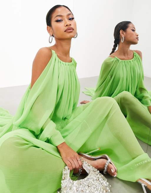 ASOS EDITION chiffon cami maxi dress with drawstring strap details in lime  green