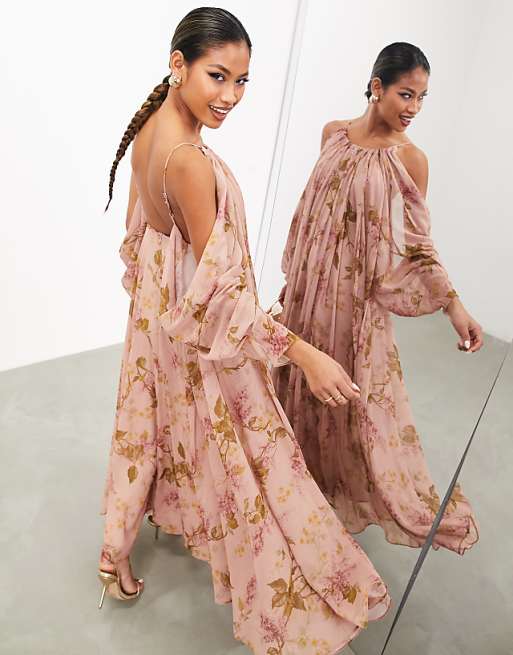 Chiffon Split Round Neck Backless Bandage Maxi Floral Dresses Chiffon Split Round Neck Backless Bandage Maxi Floral Dresses