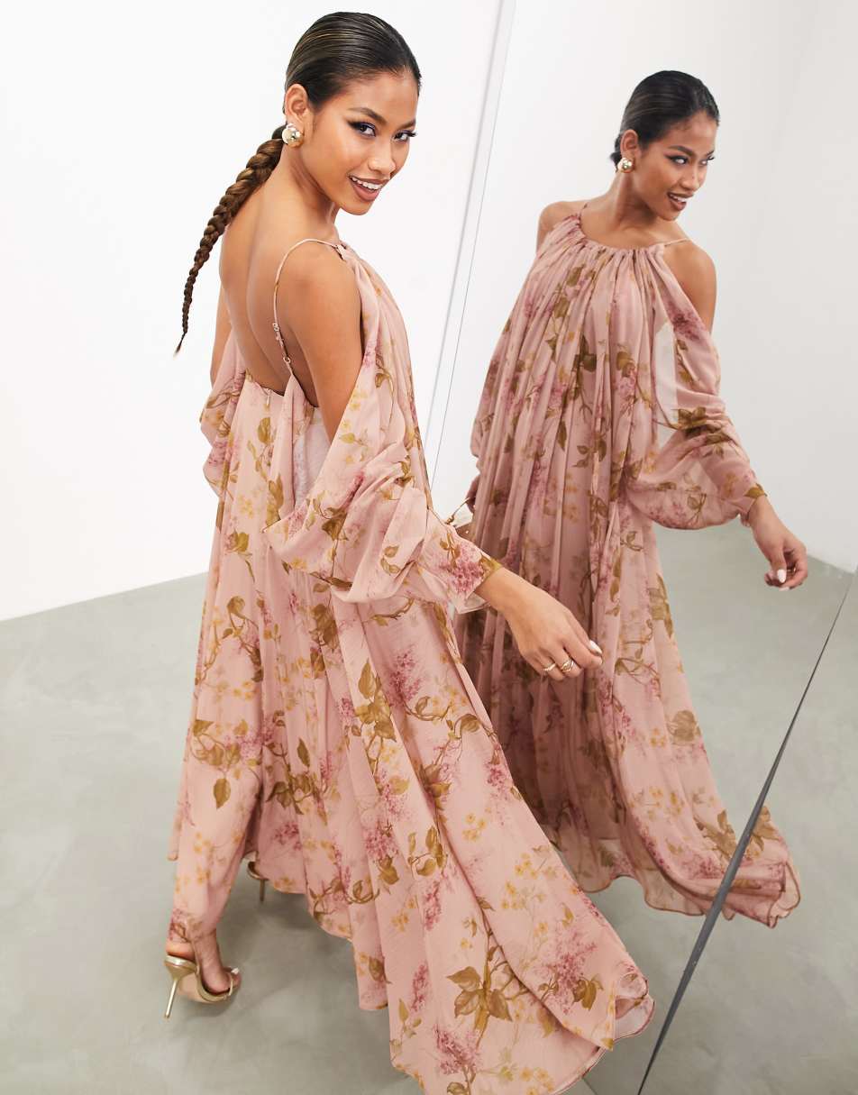 ASOS EDITION chiffon dropped shoulder backless maxi dress in blush vintage print