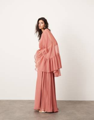 chiffon extreme sleeve maxi dress with ruffle back detail in dusky pink-Multi