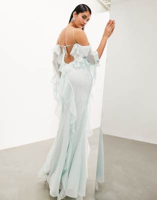 ASOS EDITION chiffon halter cold shoulder raw edge ruffle