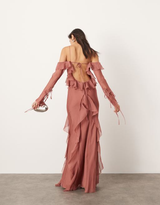 ASOS EDITION chiffon halter cold shoulder raw edge ruffle