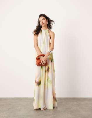 ASOS EDITION ASOS EDITION chiffon halterneck trapeze maxi dress in watercolour print-Multi