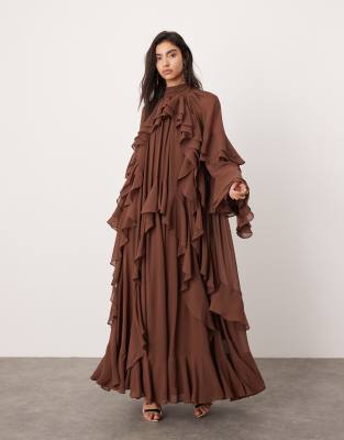 chiffon high neck ultimate ruffle maxi dress in chocolate-Brown