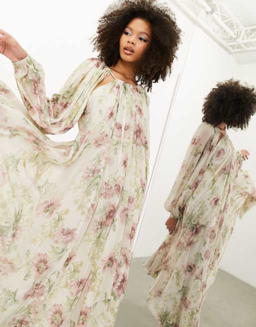 ASOS EDITION – Chiffon-Maxikleid in Cremeweiß mit Vintage-Blumenmuster und Ärmelschlitz, 4 von 4