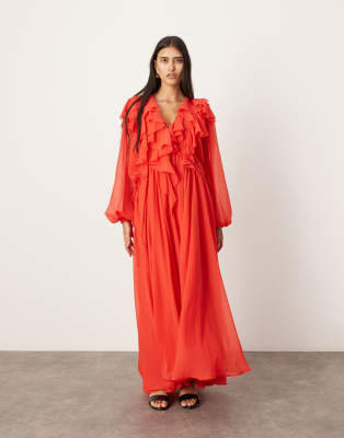 ASOS EDITION - Chiffon-Maxikleid in Rot mit ungesäumten Kanten, Rüschen und Tunnelzug in der Taille