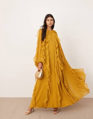 ASOS EDITION - Chiffon-Maxikleid in Senfgelb mit ungesäumten Kanten, Rüschen und Ballonärmeln