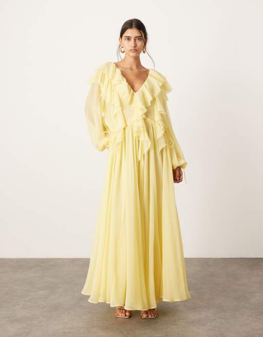 ASOS EDITION – Chiffon-Maxikleid in Zitronengelb mit ungesäumten Kanten, Rüschen und Tunnelzug in der Taille , 2 von 4