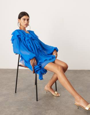 ASOS EDITION - Chiffon-Minikleid in Kobaltblau mit unverarbeitetem Saum und Rüschen